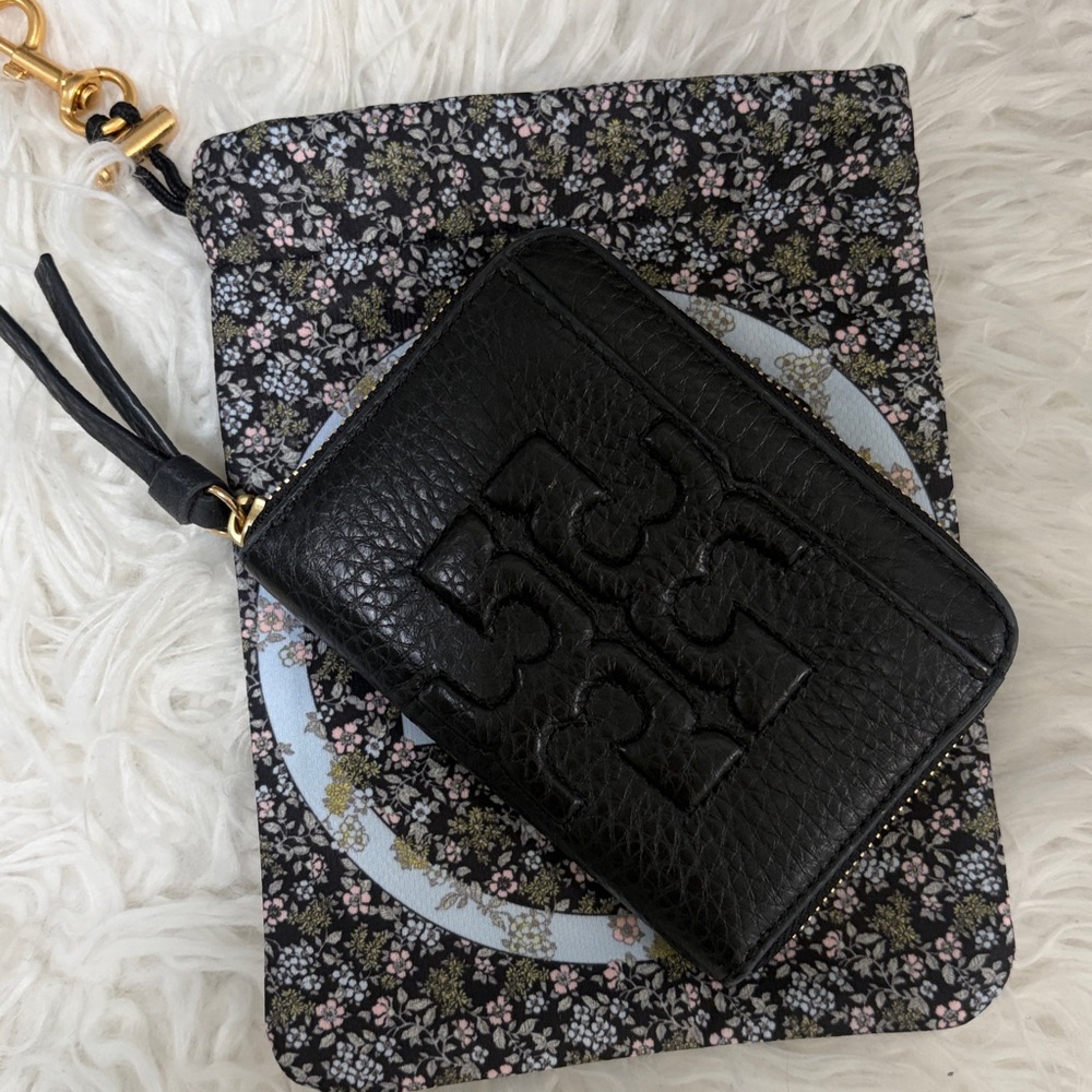 Tory Burch Black zipper pebbled leather card holder/coin case w/pouch - Picture 11 of 13